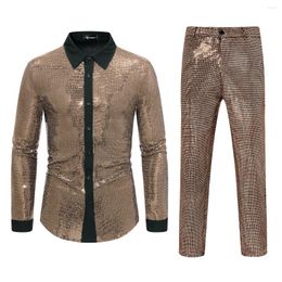 Men's Tracksuits Mens Shiny Gold Metallic Sequins 2 Pieces Suit Set (Shirt Pants) Nightclub 70's Disco Party Halloween Costume Chemise Homme