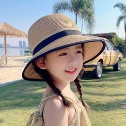 Wide Brim Hats Bucket Hats Childrens Sunscreen Hat Spring Travel Girl Summer Str Hat UV Protection Bow Str Hat J240429