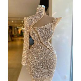 Beading Sequined One Arabic Champagne Prom Dresses Shoulder Evening Dress Custom Made High Neck Mermiad Women Formal Celebrity Party Gown
