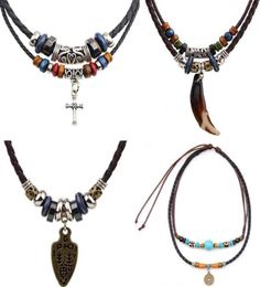 Vintage Men Pendant Necklaces Woven Genuine Leather Turquoise Beads Chain Elephant Indian Crescent South American Fashion Necklac30366652845