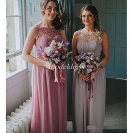 Dresses Sheer 2019 Neck Bridesmaid Country Long Sleeveless Pearls Beaded Crystal Pleats Ruched Floor Length Chiffon Beach Wedding Guest Gown