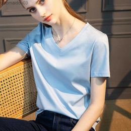 Women's T-Shirt Soft mulberry silk cotton short sleeved T-shirt V-neck womens loose top womens T-shirt 2024 high-quality Korean popular clothingL24029