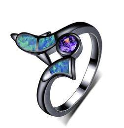 Wedding Rings Cute Dolphin Purple Crystal Round Stone Ring White Blue Opal Engagement Charming Black Gold For Women Jewelry3209444