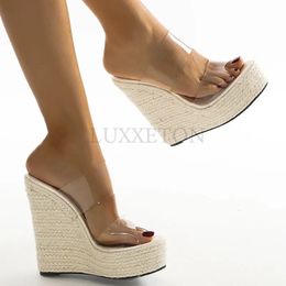 Summer PVC transparent diaper shoelace woven platform wedge slippers sandals womens fashionable high heels womens shoes 240426