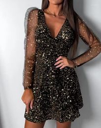 Casual Dresses Women's Fashion Sexy V-Neck Allover Sequin Backless Criss Cross Long Sleeved Elegant And Pretty Party Evening Dress
