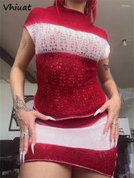 Work Dresses Vhiuat 2024 Red Knitted Bodycon 2 Piece Dress Set Women Sleeveless Crop Top And Mini Skirt Suit Outfits Summer Matching