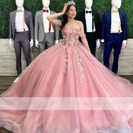 Dree ramię obowiązek Quinceanera Pink Off 3D Forboral Lace Applique z koralikami Platom Platom Made Sweet 16 Prince Birthday Party Ball Suknia