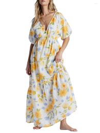 Casual Dresses Women Maxi Floral Dress Short Sleeve Long V Neck Loose Drawstring Ruffled Summer Flowy