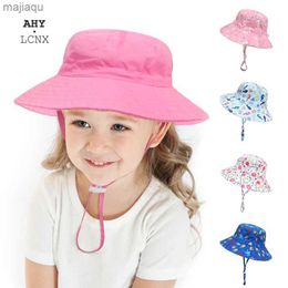 Шляпы шляпы летняя детская шляпа Солнце УФ -защита детская мультипликационная печать шляпа детская шляпа шляпы мальчиков и девочек розовый пляж рыбак для шляпы шляпы на плеча