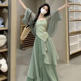 Work Dresses Women Three Piece Set Chinese Style Improvement Daily Green Half Skirt Solid Colour Top Long Coat Trendy