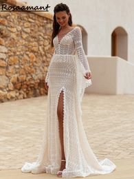 Bohemian Illusion Long Flare Sleeve Lace Mermaid Wedding Dresses V-Neck Tassel High Split Bridal Gowns Robe De Mariee