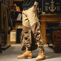 Men's Pants Street clothing mens goods pants retro splicing work pocket mens design Trousers Spring/Summer new Contrast colored pants mens J240429