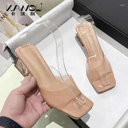 Slippers 2024 Summer Women's Square Toe Open Solid Colour Transparent Sexy Comfortable High Heel Shoes For Women