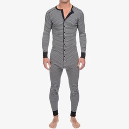 Mens Striped Pajamas O-Neck Long Sleeve Romper Home Wear Cozy Leisure Sleepwear S-3XL 240428