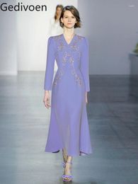 Casual Dresses Gedivoen 2024 Summer Runway Fashion Dress Women V Neck Luxury Crystal Bead Long Sleeves A - Line Midi