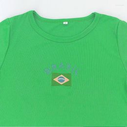 Women's T Shirts Green Brazil Y2k Top Women Gothic Regional Letter Embroidery Crop Tops Baby T-shirt Retro Short Sleeve Clothes EMO