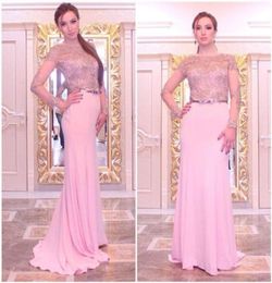 2015 Pink Prom Dresses Long Sleeves Lace Sheer Neck Cheap Evening Dresses Sexy Sweep Train Satin Evening Gowns dhyz 029778818