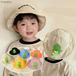 Caps Hats Korean Cute Cartoon Dinosaur Baby Bucket Hat Childrens Outdoor Fisherman Hat Solid Letter Wide Brown Sun Protection HatL240429