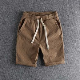 Men's Shorts Summer American Simple Waffle Solid Color Mens Fashion Pure Cotton Loose Elastic Waist Drawstring Sport 5-point Pants H240429