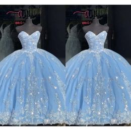 Com vestidos azul 3D Light Quinceanera Ballgown Applique Floral Fished Lantejou