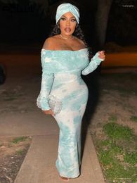 Casual Dresses Habbris Sexy Tie-dye Off Shoulder Long Dress Party Evening For Women 2024 Winter Blue Printed Maxi Fashion Bodycon