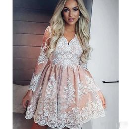 Lace Dresses Homecoming Long V Sleeves 2019 Neck Short Appliqued A Line Graduation Party Prom Ball Gown Custom Made