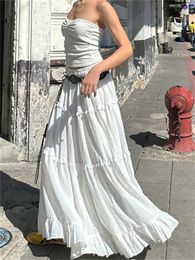 wsevypo Fairycore Elegant White Flowy Hem Long Skirts Women Elastic Waist Ruffle Lace Trim Flare A-Line Retro Streetwear 240420