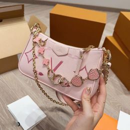 Fashion Women 21x11cm Lovely Charm Mahjong Pink Gold Strawberry Flower Chain Bag Designer Adjustable Leather Strap Coin Body Mini Zippe Lstb