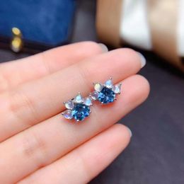 Stud Earrings Heart Style Blue Topaz For Women Jewellery With Moonstone Real 925 Silver Special Design Party Gift Birthstone
