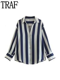 TRAF Striped Oversize Shirt Women Satin Blouse Female Long Sleeve Button Up Shirts for Women Collared Shirts and Blouses Women 240426