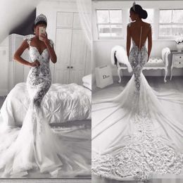 Back Covered Buttons Elegant Illusion Mermaid Dresses Lace Applique Chapel Train Custom Made Wedding Gown Vestido De Novia