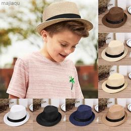 Kaps hattar barns linne bred brun strandhatt sunhat retro jazz hatt bröllop fest hatt denim unisex barns prestanda gentleman headwearl240429