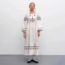 Casual Dresses Women 2024 Spring And Summer Colorful Floral Embroidered Round Neck Puff Sleeve Loose Dress