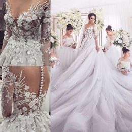 Applique Floral Dresses Wedding 3D Bridal Gorgeous Gown Long Sleeves Lace Beaded Jewel Neck Princess Custom Made Tulle Chapel Train Vestido De Novia