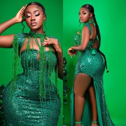 2024 Plus Size Green Prom Dresses for Black Women Promdress Illusion High Neck Sequined Lace Beading Tassel Side Split Birthday Party Dress Reception Gowns AM794