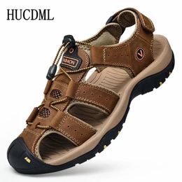 Mens Sandals Summer Anti-collision Toe Outdoor Walking Treking Casual Shoes Leather Hiking Men Slippers Beach Wading Shoes 240422