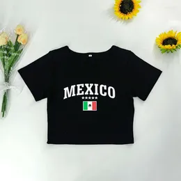 Women's T Shirts Sexy Y2k Aesthetic Summer Crop Tops Soccer Mexico Print Gothic Cut Casual Short Sleeve Black Retro T-shirt Street