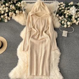 Casual Dresses Fashion Hooded Fried Dough Twists Stripe Knit Long Sleeve Dress 2024 Spring Elastic Slim Bodycon Sweater Women