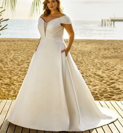 Elegant Long Beaded Off Shoulder Neck Plus Size Wedding Dresses A-Line Satin Ivory Vestido de novia Sweep Train Covered Buttons Back Bridal Gowns for Women