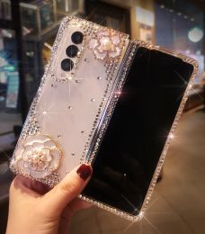 Cases Luxury Diamond Pearl Camellia Phone Cover For Samsung Galaxy Z Fold 5 4 3 2 Bling Rhinestone Flower Transparent Hard PC Case