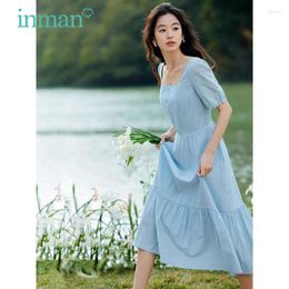 Party Dresses INMAN Women Dress 2024 Summer Bishop Sleeve Square Neck A-shaped Slim High Waist Lace Jacquard French Temperament Middle Skirt