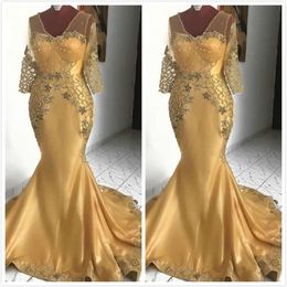 Bride Mermaid Gold Sexy African Vneck Lace Beaded Mother Of Groom Dresses Cheap Formal Party Evening Gowns Zj18
