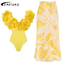 2024 Sexy 3D Flower Push Up Bikini Set Swimsuit Dress Women Off Shoulder One Piece Swimwear High Waist Beach Bathing Suit Skirt 240426
