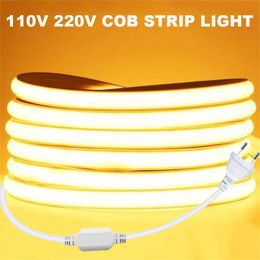 COB LED Strip Light 220V 110V 288LEDs/m 360LEDs/m Flexible Outdoor LED Tape For Kitchen Garden Lighting