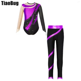 Stage Wear Kids Girls Shiny Rhinestones Dance Set Long Sleeve Cutout Back Leotard With Elastic Waistband Pants For Skating Gymnastics