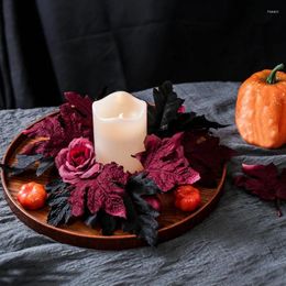 Decorative Flowers 25cm Halloween Candlestick Wreath Holder Artificial Rose Black Leaves Candle Ring Garland Table Centrepiece