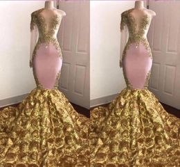 African One Shoulder Mermaid Prom Dress 2019 Sexy Gold Appliqued Evening Formal Party Gown Pageant Dresses Long Sleeve Sweep Train2887672