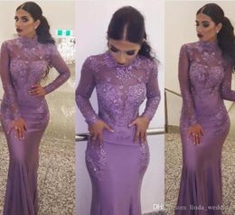 2019 New Arrival Lavender Long Sleeves Evening Dress Appliques Lace Illusion Formal Holiday Wear Prom Party Gown Custom Made Plus 3368952