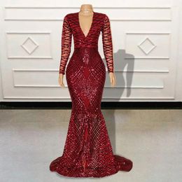 Party Dresses Black Girls Mermaid Long Prom Dress For Graduation 2024 Sparkly Sequin Red V Neck Full Sleeves Women Formal Evening Gowns