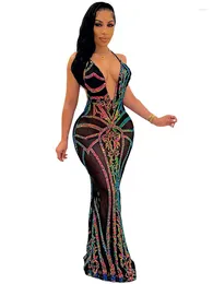 Casual Dresses Sexy Mesh Sequin Prom Deep V-neck Dress Long Luxury See Through Night Club Outfits Evening Gowns Bodycon Backless Maxi